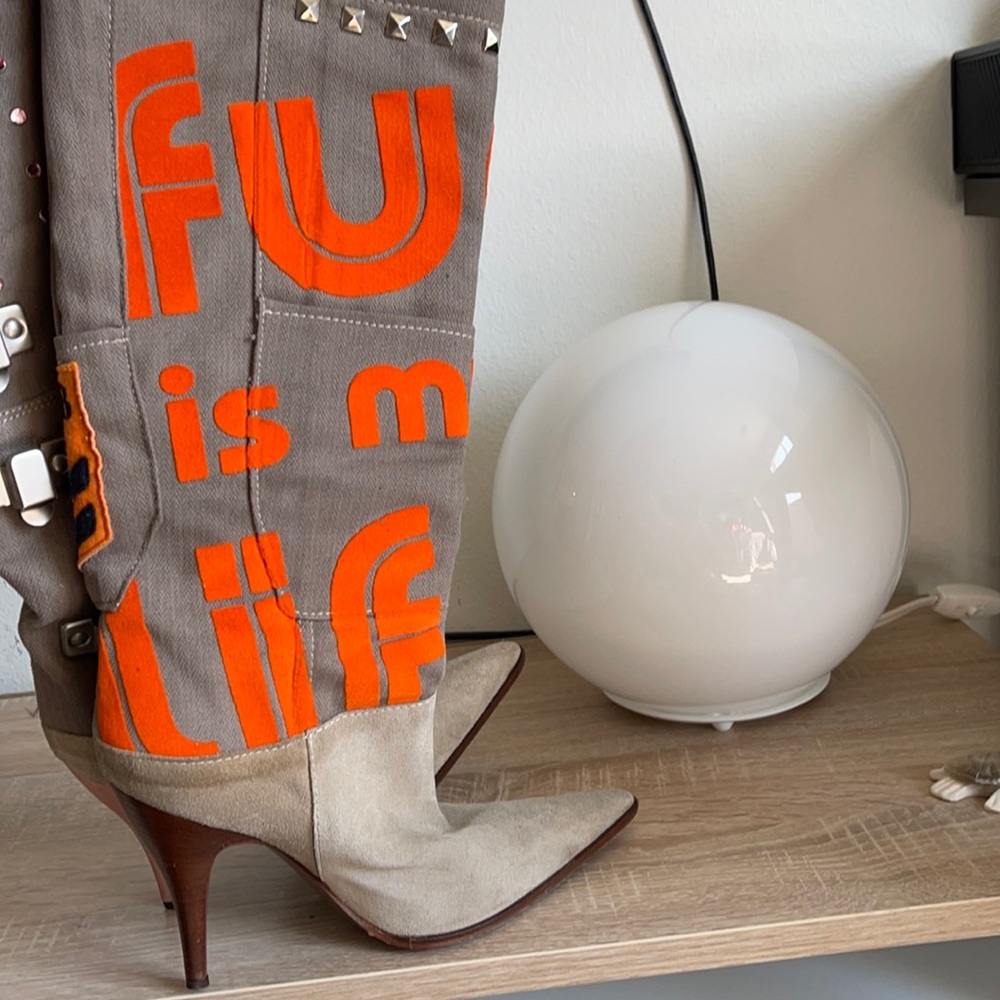 D&G knee high boots with graphics